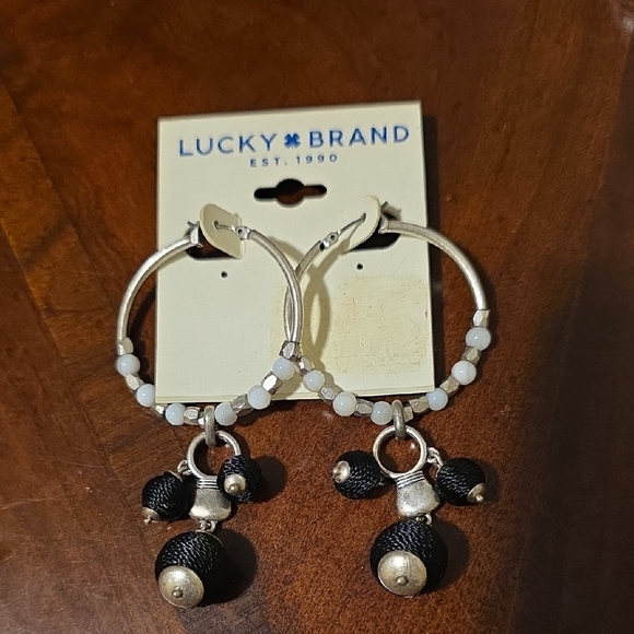 Lucky Brand Silver and Black Beaded Hoop Earrings - Picture 1 of 2